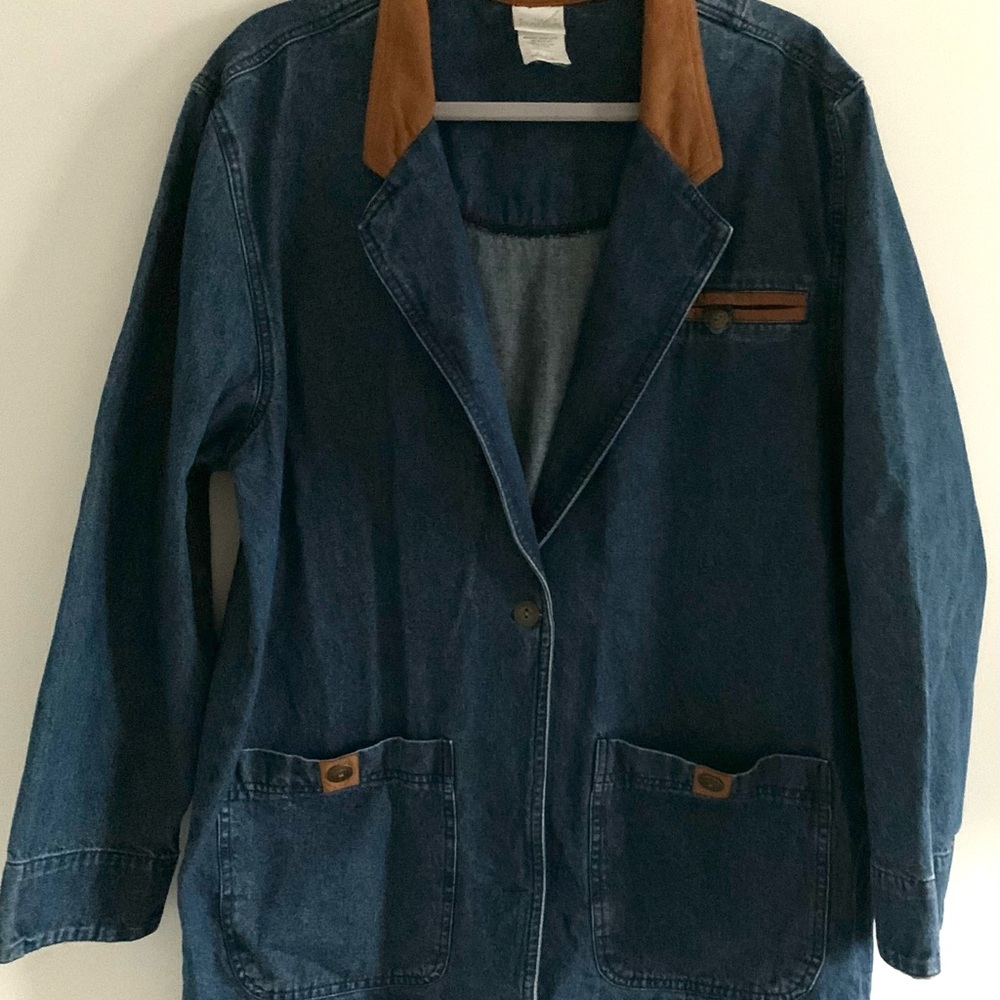 Vintage Jantzen denim blazer with brown leather like accents